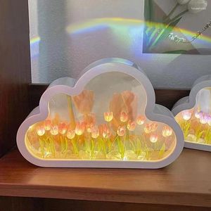 Nachtverlichting INS Handgemaakte DIY Cloud Tulp Spiegel Klein Licht Meisje Hart Woonkamer Desktop Decoratie Verjaardagscadeau Vakantie