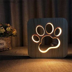 Veilleuses Ins Lampe en bois Animal Cat Paw Lampe 3D USB LED Table Light Switch Control Sculpture sur bois Lampe de lit pour enfant enfants Chambre Décoration Q231114