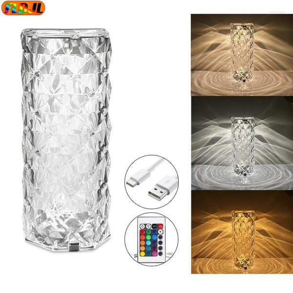 Veilleuses LED Cristal Lampe De Table Projecteur Lumière 3/16 Couleurs Tactile Réglable Romantique Diamant Atmosphère Rechargeable