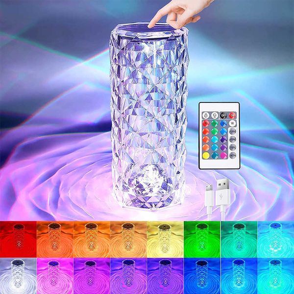 Luces nocturnas Lámpara de mesa de cristal LED Proyector de luz rosa 3/16 colores Toque ajustable Romántico Atmósfera de diamante Luz USB Luz nocturna táctil P230331