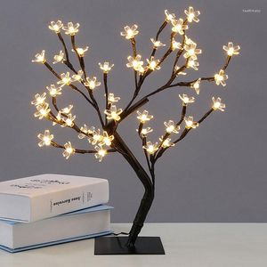 Luces de noche, lámpara de escritorio de decoración LED, árbol de flor de cerezo, luz de mesa de flores de cristal nórdico para dormitorio, cabecera decorativa