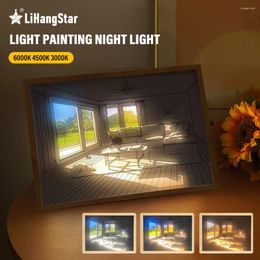 Luces nocturnas LED pintura decorativa pared arte luz USB atenuación alimentada con marco de madera para regalos para el hogar
