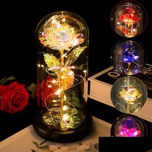 Luces nocturnas Luz LED Artificial Eterna Rosa Bella La Bestia En Vidrio Hoja De Oro Flor Día De San Valentín Regalo Encantado Hada Gota D Otgn9