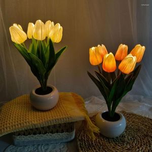 Veilleuses LED lumière créative Six branches tulipes en pot fleur artificielle lampe de chevet mariage salon décoration de la maison