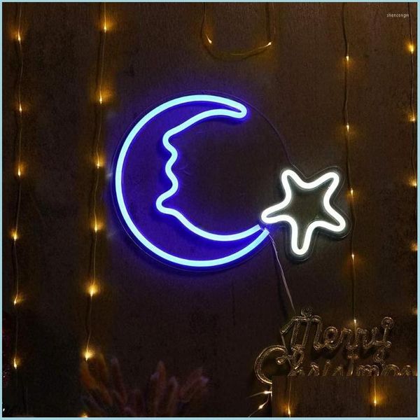 Luces nocturnas LED Luna Estrella en forma de letrero de neón Decoración de luz Lámpara de arte de pared Cumpleaños de Navidad para decoración del hogar Iluminación de entrega interior Dhgvg