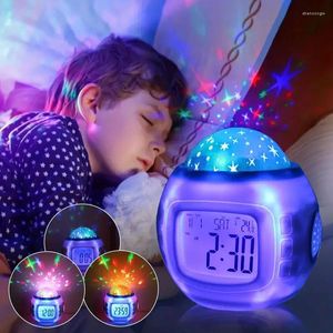 Veilleuses LED Musique Réveil Lampe De Chevet Projection De Ciel Étoilé Coloré Avec Thermomètre Fonction Snooze Décoration De La Maison