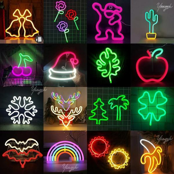 Luces nocturnas LED letrero de neón decoración de pared luz nocturna relámpago árbol de Navidad sombrero Animal murciélago flor modelado lámpara decoración habitación fiesta