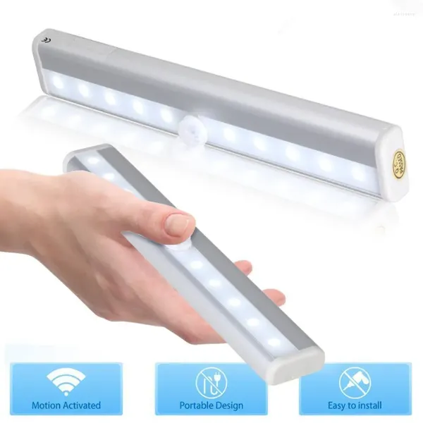 Luces nocturnas LED con Sensor de movimiento PIR, luz de armario, 10LED, lámpara de armario con cajón de escritorio blanco frío y cálido, funciona con batería