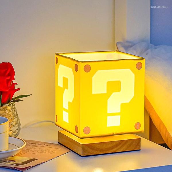 Luces nocturnas LED con signo de interrogación, lámpara de mesa de tela de madera USB, atenuación, regalo de cumpleaños para niños, Navidad