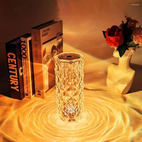 Veilleuses LED Rose Cristal Lampe Tactile Table Projecteur Lumière Réglable Romantique Diamant Ambiance Chambre Chevet Décoration