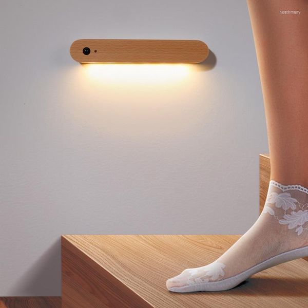 Luces nocturnas LED Luz de madera Sensor de movimiento Magnético USB inalámbrico debajo de la lámpara del gabinete para la sala de estar Dormitorio Armario Escaleras Iluminación