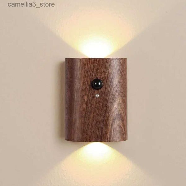 Luces nocturnas LED Sensor de movimiento de madera Luces nocturnas de inducción Lámpara de pared recargable USB inalámbrica Dormitorio Cocina Pasillo Escaleras Iluminación Q231114