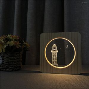 Veilleuses phare tour 3D LED acrylique lampe en bois Table lumière interrupteur contrôle sculpture pour chambre d'enfants cadeau d'anniversaire