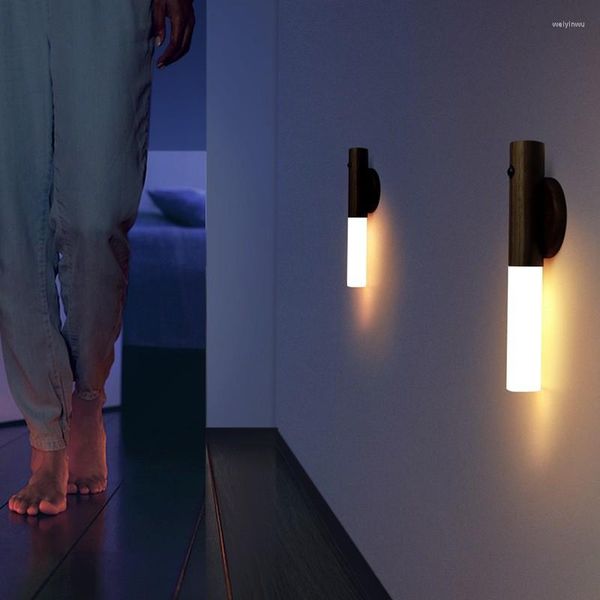 Luces nocturnas de lujo inteligente Auto PIR Sensor de movimiento LED lámpara recargable luz magnética pared de madera gabinete de cocina