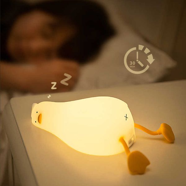 Veilleuses Allongé plat canard veilleuse amusant créatif silicone LED veilleuse USB rechargeable support de téléphone portable enfants cadeau décompression P230331