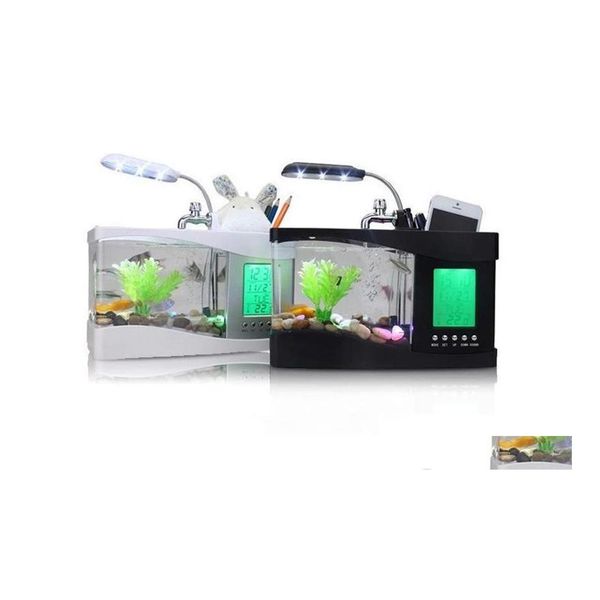 Veilleuses Mini USB LCD Lampe de bureau Lumière Fish Tank Mtifonction Aquarium LED Horloge Blanc / Noir Valentine Jours de Noël Cadeau Drop Dhqt1