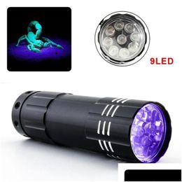 Nachtlichten Mini UV LED zaklamp Violet Licht 9Led Torch Lamp Battery Traviolet Flash voor anti-nep gelddetector urine Scorpion dhbkz