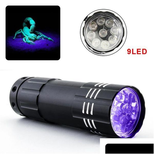 Lumières nocturnes Mini UV LED lampe de poche Light Violet Light 9led Torch Lamp Batterre Traviolet Flash pour le détecteur de Money anti-Fake Scorpion Urine Dhhj4