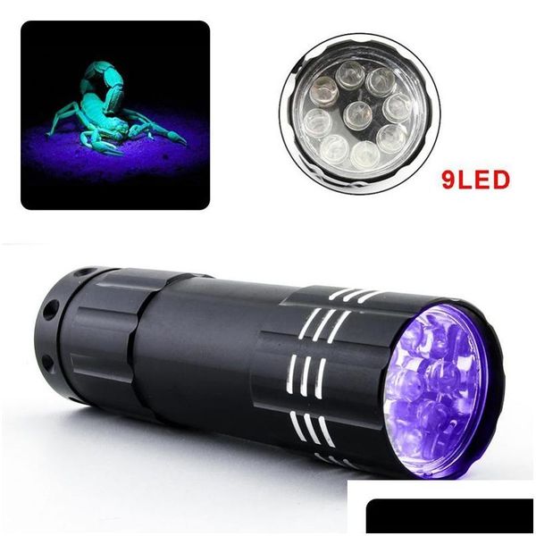 Lumières de nuit mini UV LED PLASSE LAGLE VIOTET LUMIÈRE 9LED TORCH LAMP BATTERIE TRAVIOLET FLASH POUR LA MARIFICATION DÉTECTORE ANTÉRIEUR URINE SCORPION D DHLB2