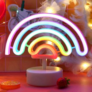 Nachtlichten Neon teken LED Regenboogvormige neon lichte batterij/USB aangedreven kleurrijke neonlamp met houderbasis regenboog nachtlamp decoratief P230331