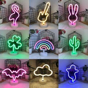 Nachtverlichting Neon Lichten voor wanddecoratie USB of batterij bediende LED -lichtborden voor slaapkamer Woonkamer Flamingo Pine Rainbow P230331