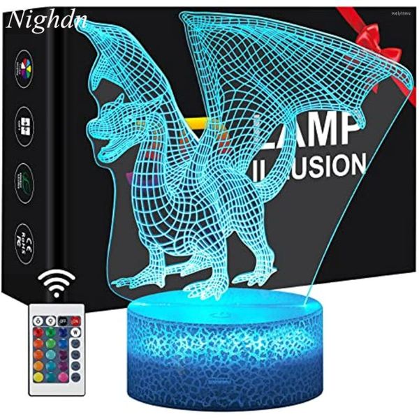Veilleuses Nighdn 3D Illusion Dinosaure Lampe Lumière Pour Garçons Coloré LED Décoration Dragon Jouet Enfants Anniversaire Cadeaux De Noël