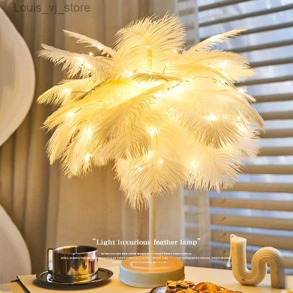 Luces nocturnas Lámpara de mesa de plumas de avestruz Sombra de plumas artificiales Escritorio LED / Batería Niños al lado de la lámpara de la cama Batería + Control remoto + USB Altura 50 cm YQ231204