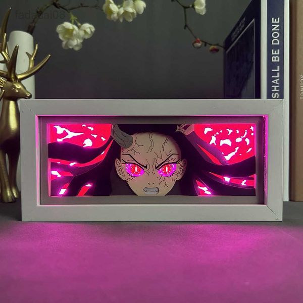 Veilleuses boîte d'ombre découpée en papier Kimetsu No Yaiba pour la décoration de la maison Manga Table Lampe de bureau Anime Boîte à lumière Nezuko Kamado tueur de démons HKD230704