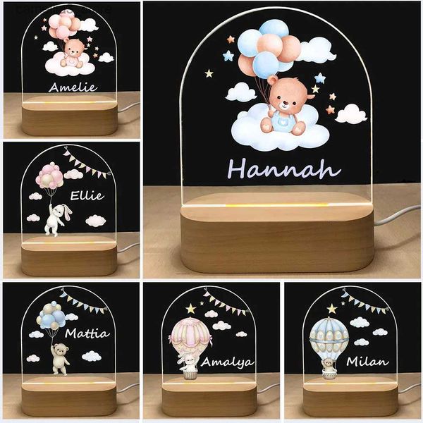 Luces de noche Luz de noche de nacimiento de bebé personalizada Nombre personalizado Oso lindo Conejo Globo Nube con LED USB 7 colores Lámpara de base de madera para regalo de niño Q231114