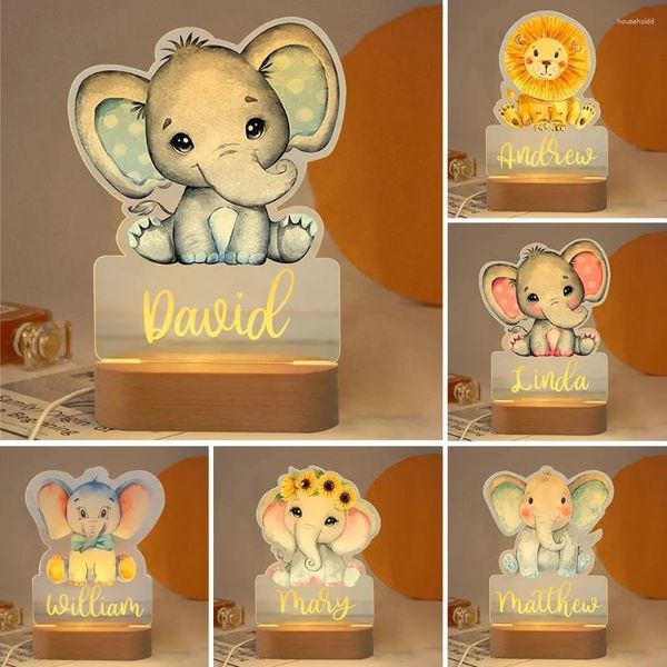 Luces nocturnas personalizadas para bebé, elefante, León, luz LED USB, lámpara acrílica con nombre personalizado para niños, decoración bonita para dormitorio