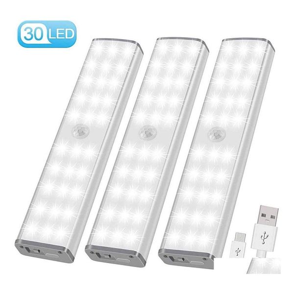 Luces nocturnas Sensor de movimiento Pir Luz LED USB Cocina inalámbrica / Lámpara de pared 3 Modo Nivel de brillo 30 Armario / Armario / Debajo del gabinete Dro Otwdp