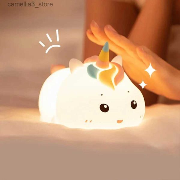 Veilleuses Lampe de tapotement en silicone rechargeable Licorne LED Veilleuse avec télécommande Dimmable Chevet Chambre Lumière d'ambiance Enfants Cadeau Q231114