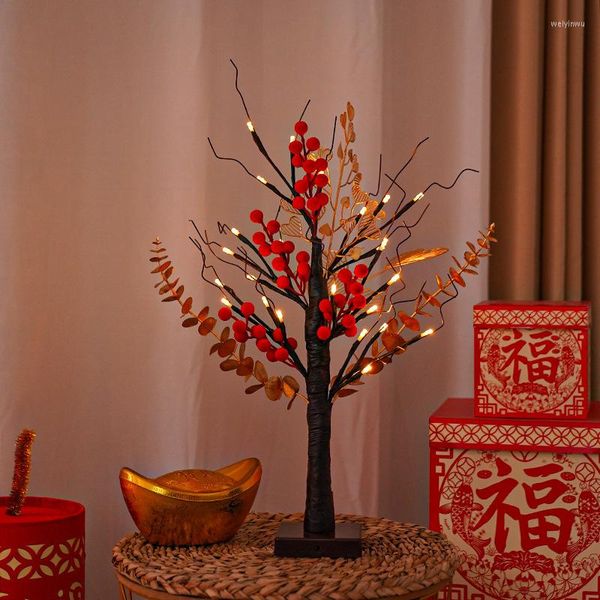 Luces nocturnas Fruta roja Hoja dorada Árbol de abedul Lámpara LED Luminoso Navidad Sala de estar Dormitorio Decorativo para el hogar