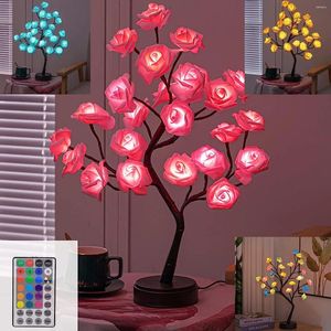 Veilleuses RVB Rose Fleur Arbre 24LED USB Batterie Lampe de Table Fée Lumière Maison Fête De Noël De Mariage Chambre Décoration Cadeau