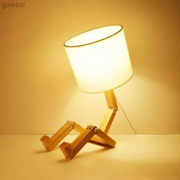 Veilleuses Forme de Robot lampe de Table en bois E14 support de lampe 110-240 V tissu moderne Art bois bureau lampe de Table salon intérieur étude veilleuse YQ240112