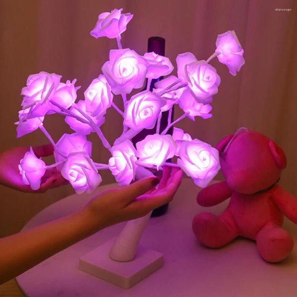 Veilleuses Rose fleur lampe à piles éclairage sans scintillement romantique chevet lumière LED bureau arbre cadeau décor de noël