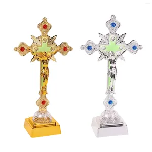 Luci notturne in piedi Crocifisso Luce Preghiera Scultura cristiana Chiesa Gesù Croce Lampada da scrivania Luce notturna per mensola Decorazioni per la casa