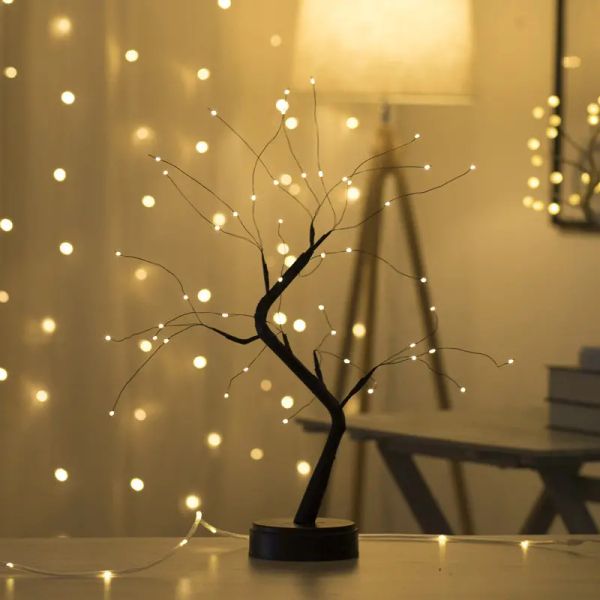 Luces de noche Lámpara de árbol de cadena de cobre estrellada Batería LED Luz de noche de mesa decorativa USB