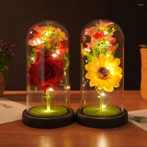 Luces nocturnas, regalo de girasol para novia, luz rosa de simulación de PU con cubierta de cristal, decoración creativa para el Día de San Valentín