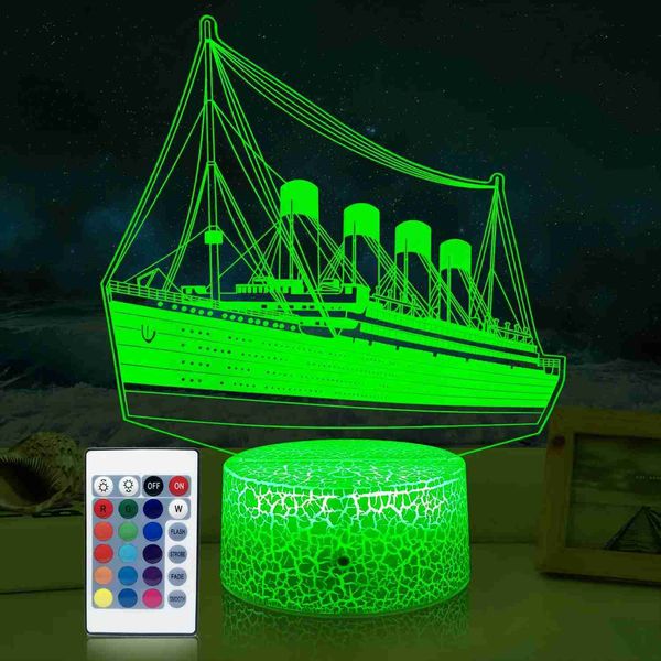 Luces nocturnas Titanic Luz nocturna para niños Ilusión 3D Lámpara modelo de barco 16 colores cambiantes Habitación para niños Decoración de cabecera Luz como regalos de cumpleaños YQ231204