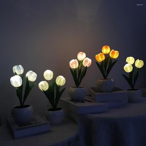Veilleuses tulipe lampe à LED éclairage continu 3 têtes Rechargeable haute luminosité fleur Table lumière chambre fournitures