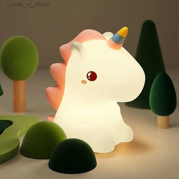 Luces de noche Unicornio Lindo Silicona LED Luz de noche para niños Niños USB Recargable Dibujos animados Animal Dormitorio Decoración Lámpara de noche táctil para regalos YQ231204