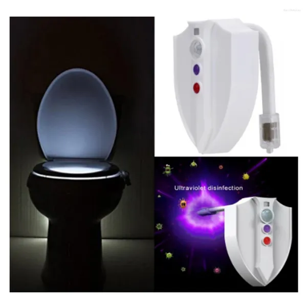 Luces nocturnas Diseño único Decorativo 8 colores que cambian Detección de movimiento Lámpara de inodoro que cambia de color a prueba de agua Sensor de asiento Baño