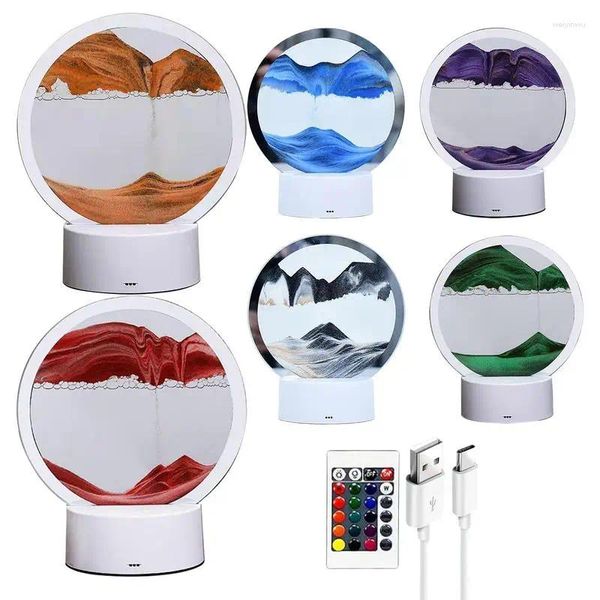 Veilleuses USB coulant sable peinture lampe de table 3D image d'art en mouvement rond sablier lumière chevet avec télécommande