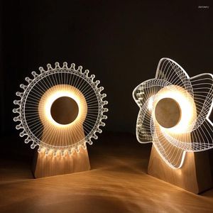 Veilleuses USB puissance 3D moulin à vent lumière en bois rotatif boîte à musique cadeau créatif lampe de Table maison bureau décoration