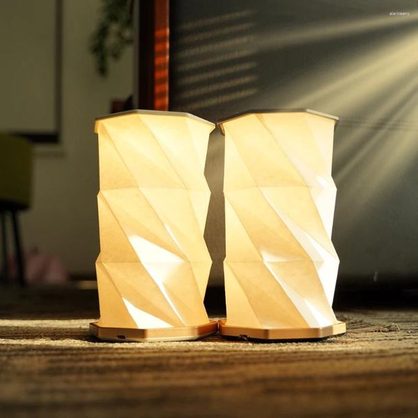 Luces nocturnas Linternas de papel plegables de madera vintage Luz de mesa regulable portátil USB recargable novedad linterna LED para exteriores