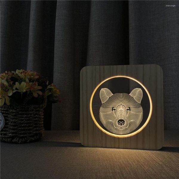 Luces nocturnas Wolf Animal3D Lámpara LED de madera Interruptor de luz de mesa Control Tallado para la decoración de la habitación de los niños Drop