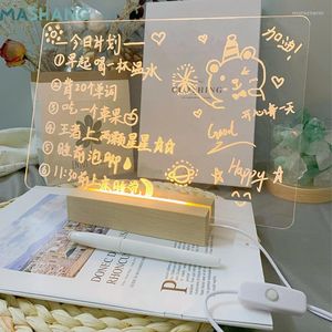 Veilleuses Base en bois LED Tableau de notes Lampe acrylique Lumière réinscriptible Message transparent USB Veilleuse avec stylo pour filles cadeau