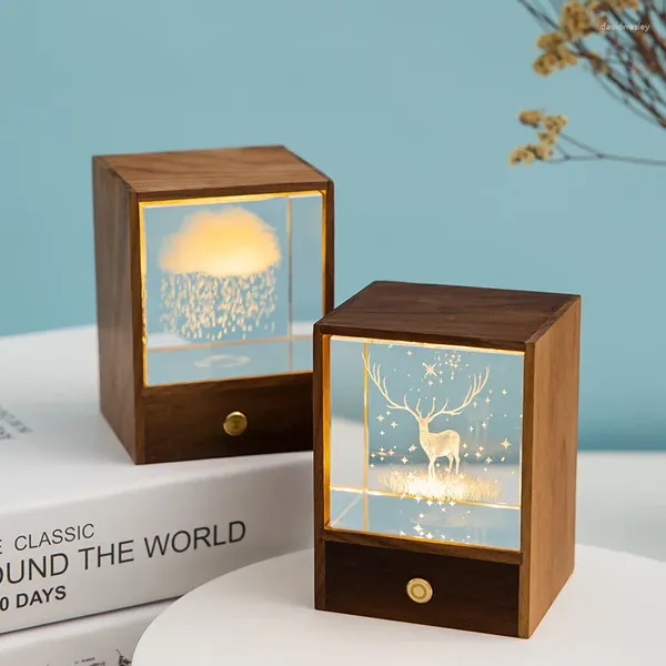 Veilleuses en bois brillant boule de cristal lumière astronaute wapitis nuages ornement de bureau interrupteur tactile lampe de chevet à intensité variable cadeau d'anniversaire