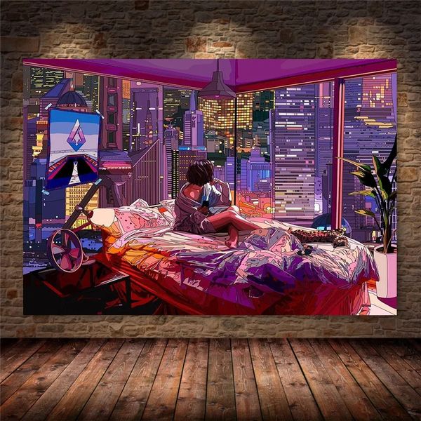 Night Neon City Street Canvas Painting Poster 80s illustration Fantasy Car AE86 Anime Art Wall Pictures para niños Game Room Decor Home Decor No Frame w06